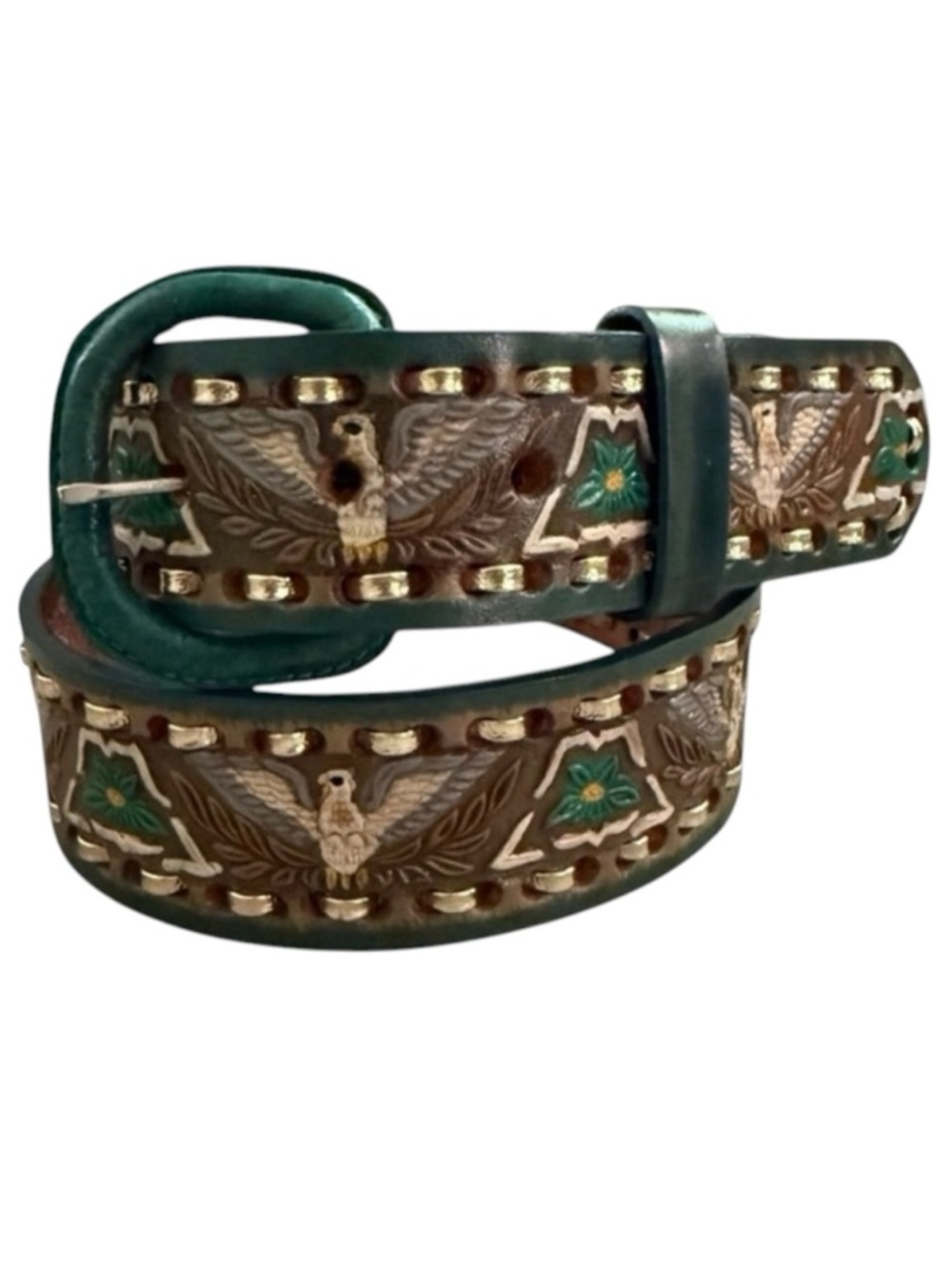 Vintage Mallory Tooled Belt Whip Stitched Turquoise Brown Southwestern Cowgirl